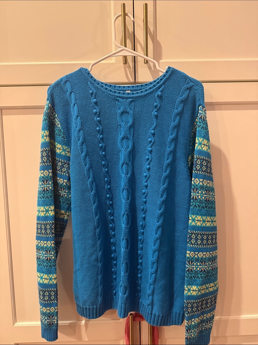Hanna Andersson Blue Cable Knit Sweater Fair Isle Sleeves 100% cotton Large